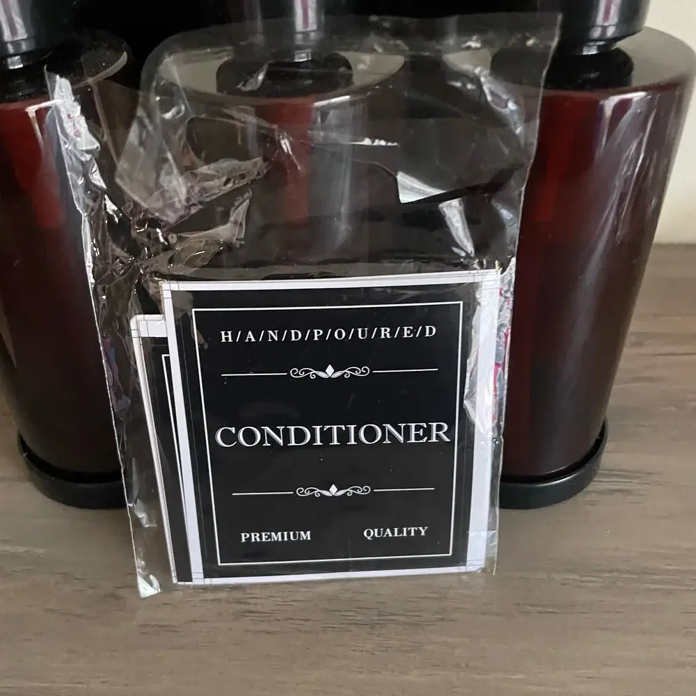 Shampoo Conditioner Body Wash Soap Dispenser Waterproof Labels Brown 3 Bottles